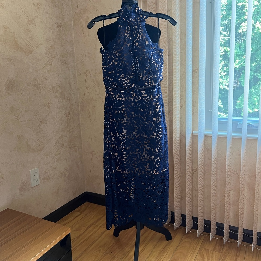 Elegant Navy Lace Halter Dress